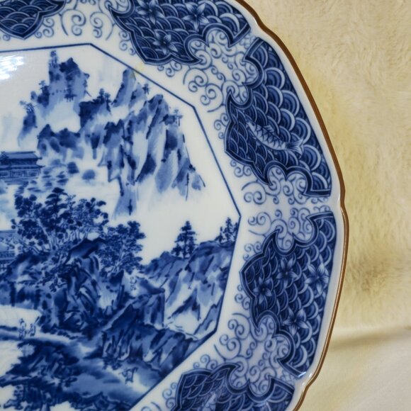 Vintage Japanese Arita Blue & White Landscape Charger Plate 12” – Brown Rim –... - Picture 5 of 13
